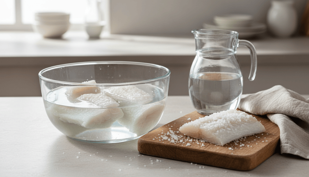 Lomos de bacalao en un recipiente de vidrio con agua fría para desalarlos, junto a una pieza de bacalao salado y una jarra de agua