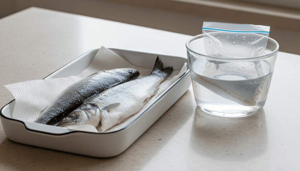 Lomos de merluza en una bandeja y otro lomo dentro de una bolsa hermética sumergida en agua fría para descongelar pescado.