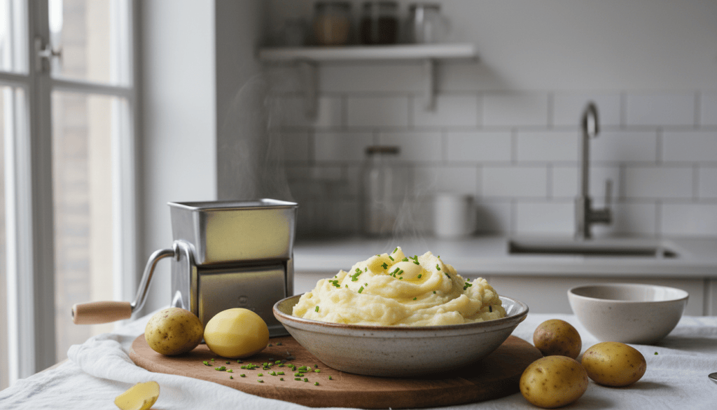 Cuenco de puré de patatas suave y esponjoso junto a un pasapurés y patatas cocidas sobre una mesa de cocina