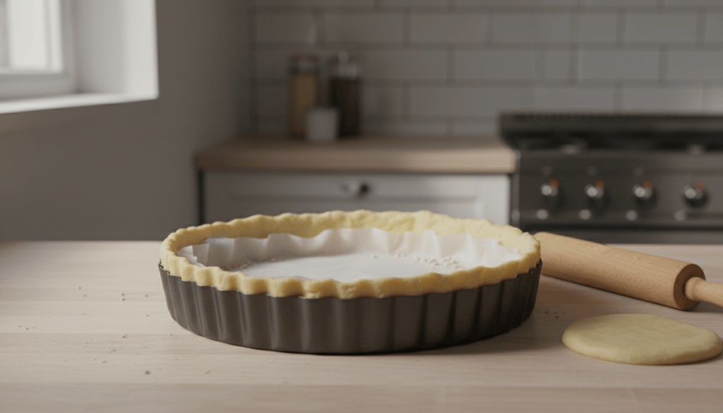 Base de masa quebrada en un molde de tarta, con papel de horno y pesas para mantener los bordes durante el horneado