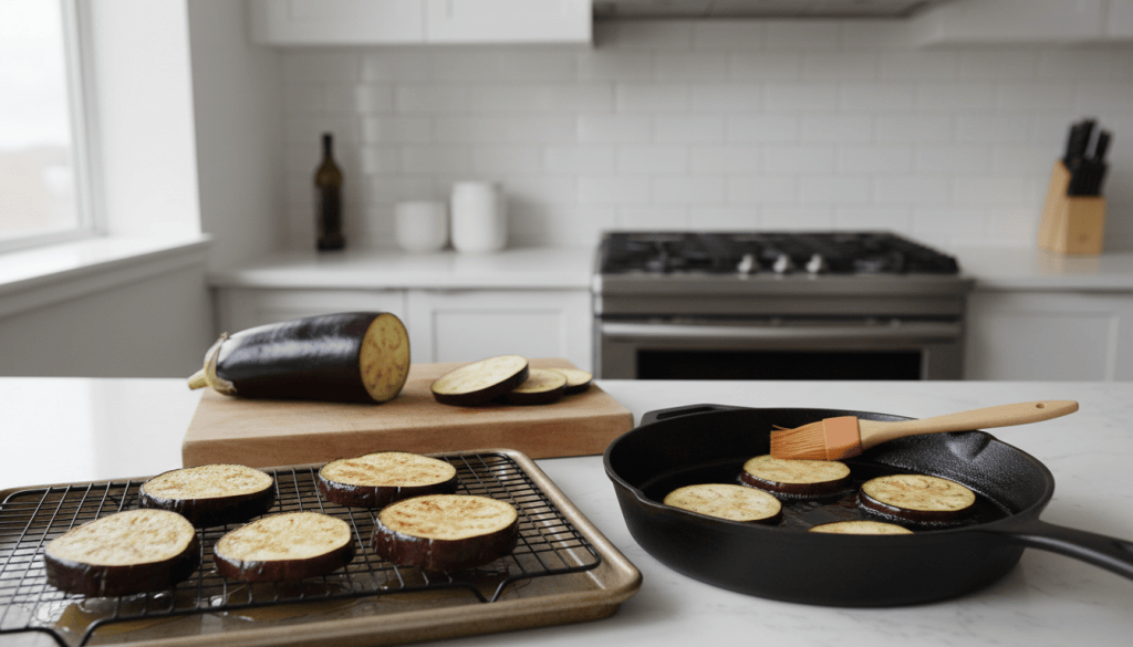 Rodajas de berenjena doradas en sartén con poco aceite y otras escurriendo sobre una rejilla, junto a un pincel de cocina.