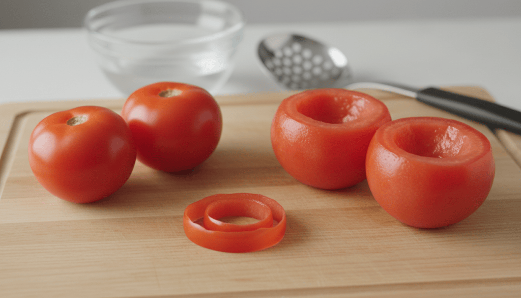 Tomates rojos sin pelar y tomates pelados mediante escaldado, junto a una tira de piel, sobre una tabla de cocina.