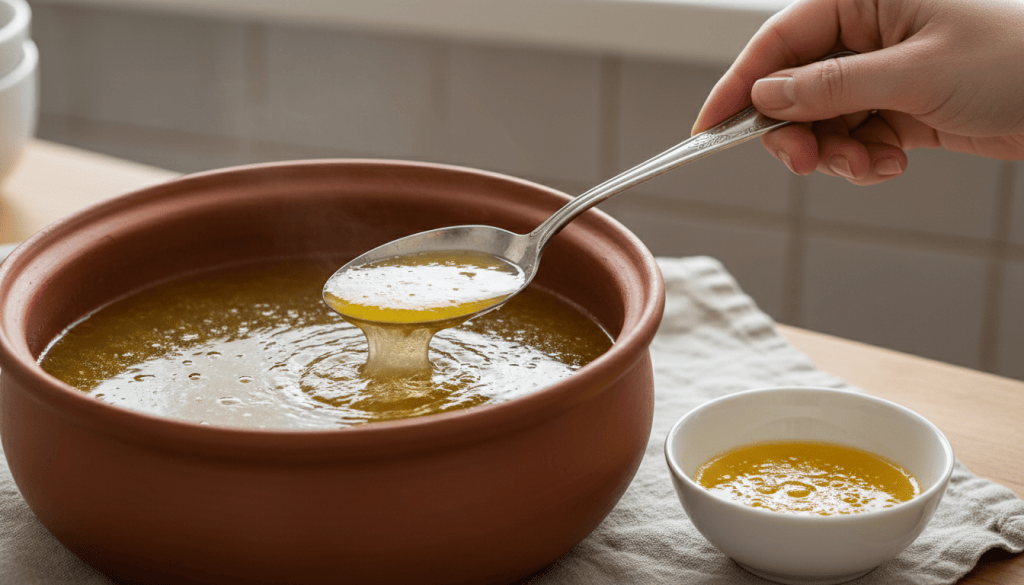 Cuchara retirando la capa superficial de grasa de una cazuela con caldo casero, junto a un pequeño cuenco para recogerla