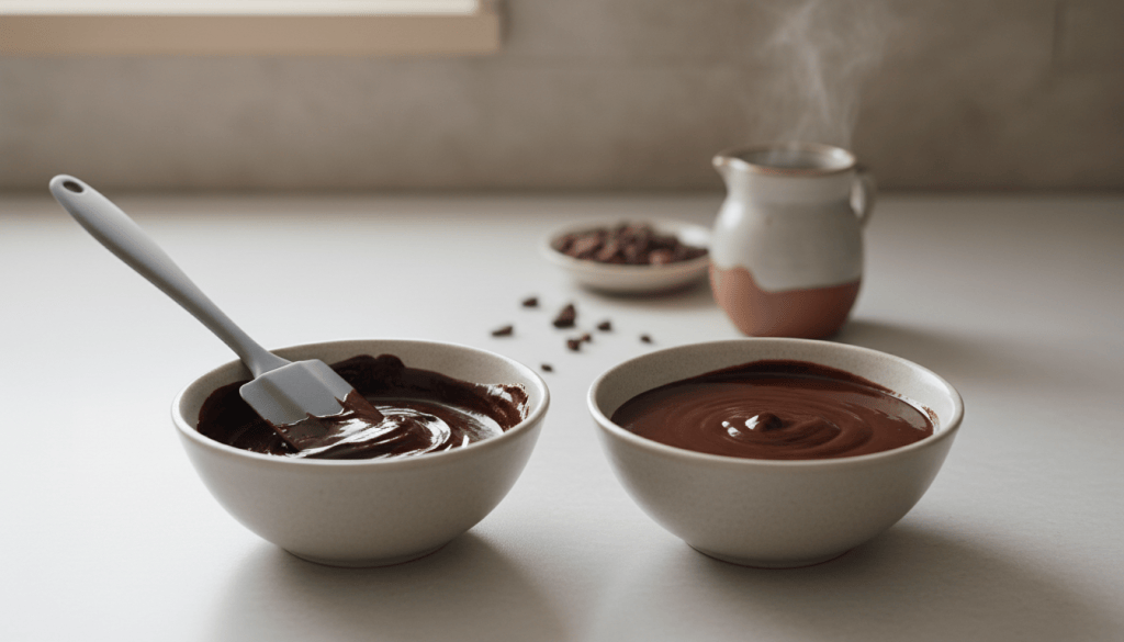 Dos cuencos con chocolate negro: uno espeso y granulado y otro convertido en salsa lisa tras añadir líquido caliente