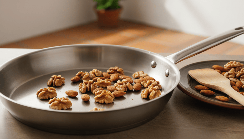 Sartén con nueces y almendras ligeramente tostadas y un plato donde enfriarlas, sobre una mesa de cocina