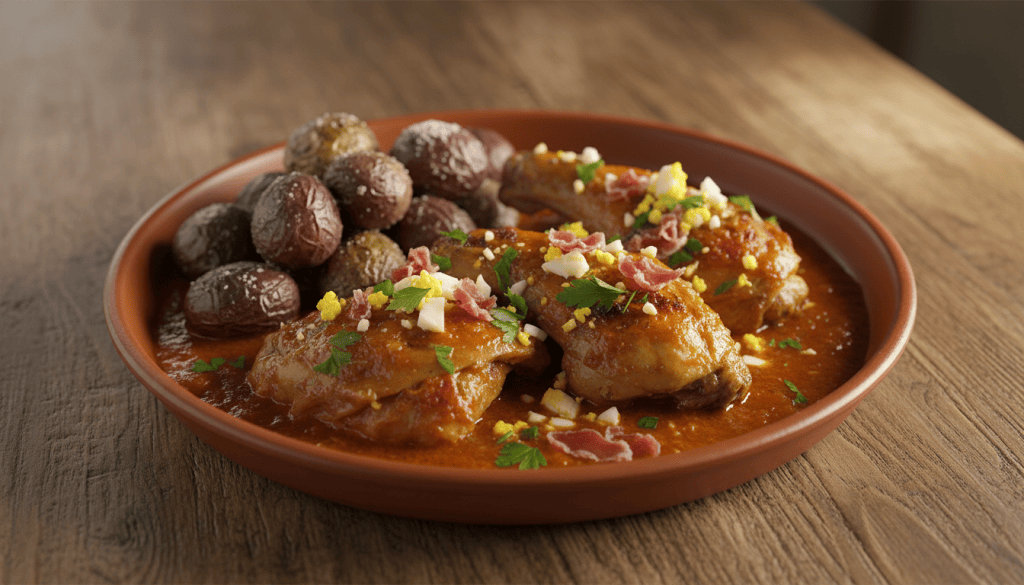 Conejo en salmorejo canario con papas arrugadas, servido en una fuente con salsa rojiza de ajo y pimentón
