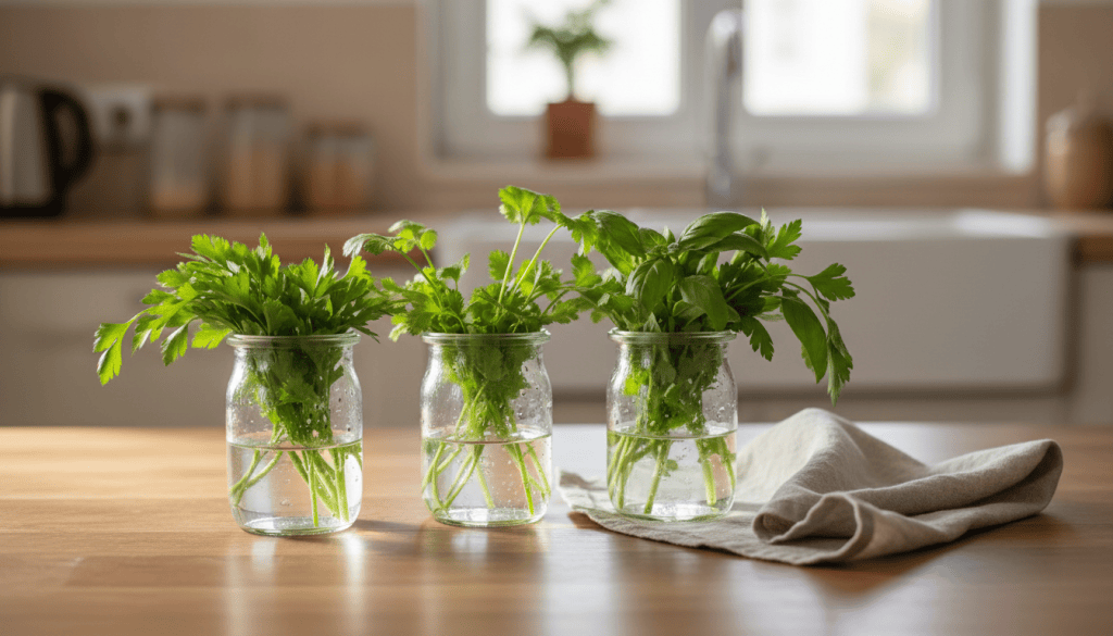 Perejil, cilantro y albahaca frescos en tarros con agua sobre una mesa de cocina, vistos en perspectiva de tres cuartos