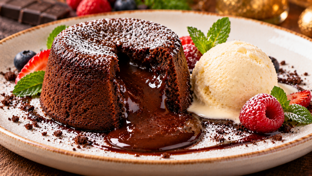Coulant de chocolate partido con centro de chocolate fundido, azúcar glas, helado de vainilla y frutos rojos en un plato de cerámica