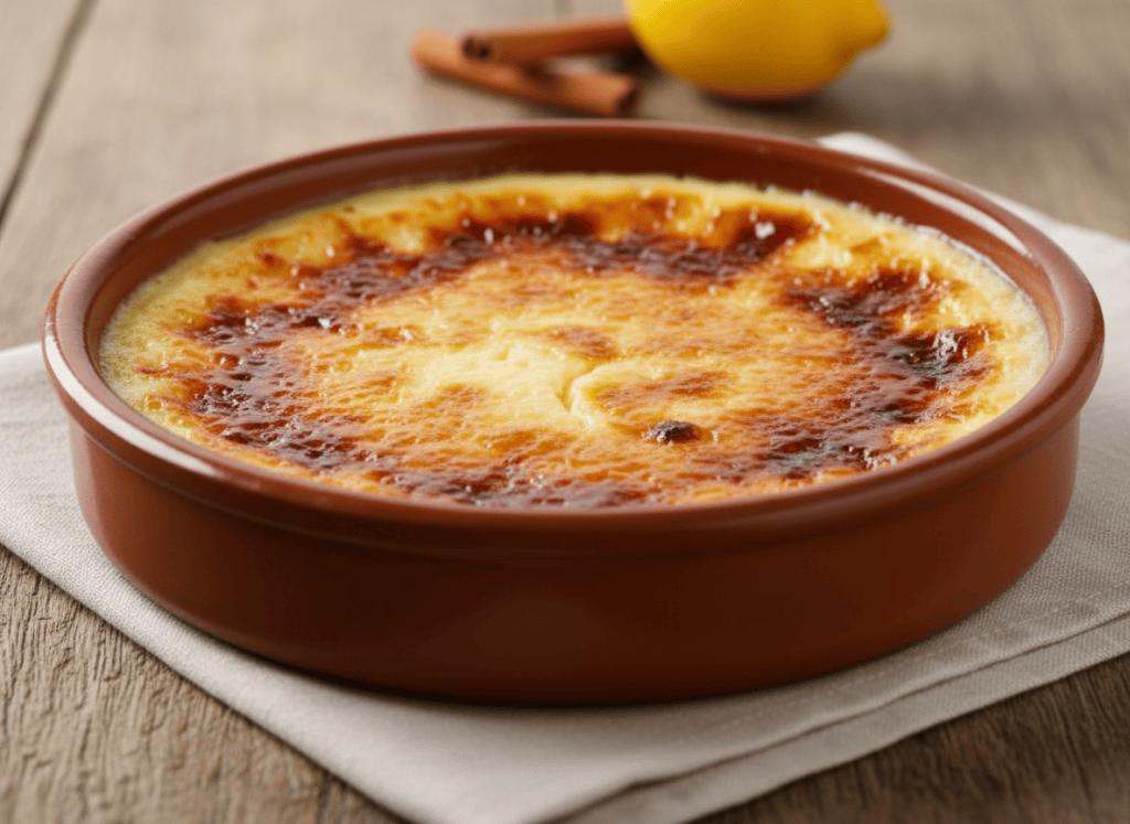 Crema catalana tradicional en cazuelita de barro, con costra de azúcar caramelizado, vista de tres cuartos y recipiente completo.