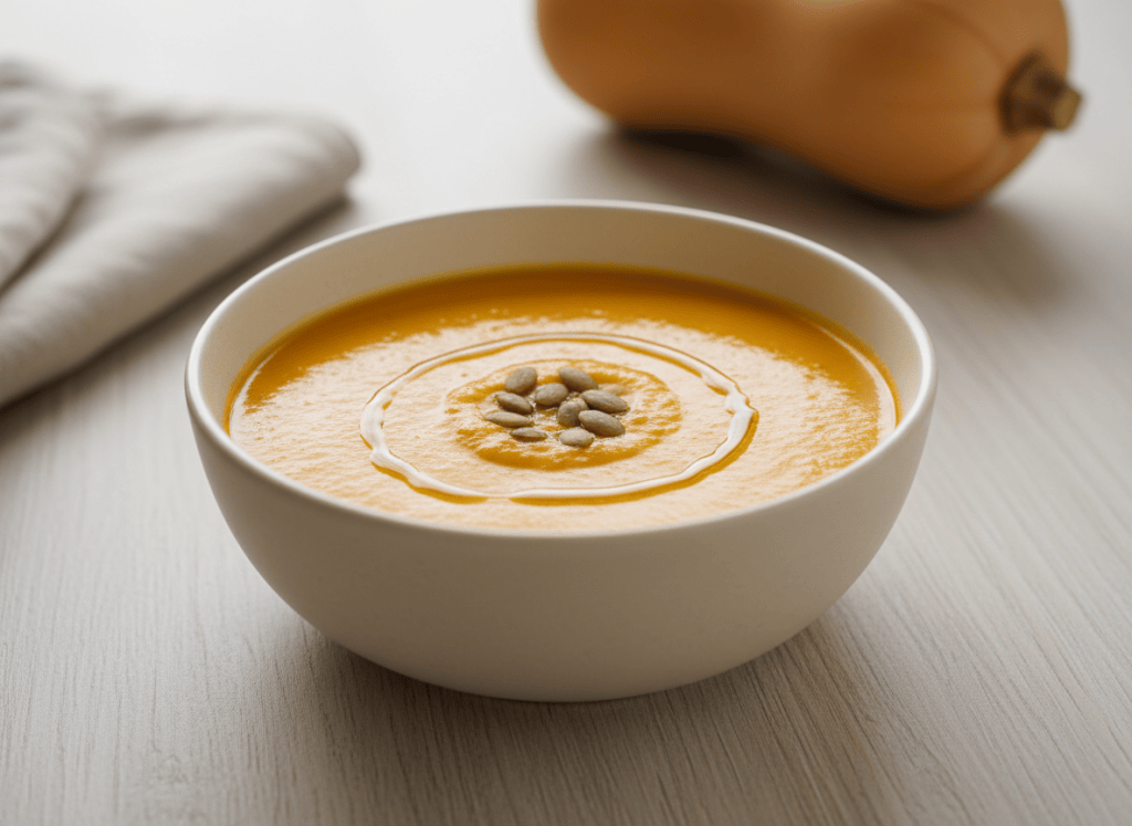 Cuenco completo de crema de calabaza asada con pipas tostadas y aceite de oliva.