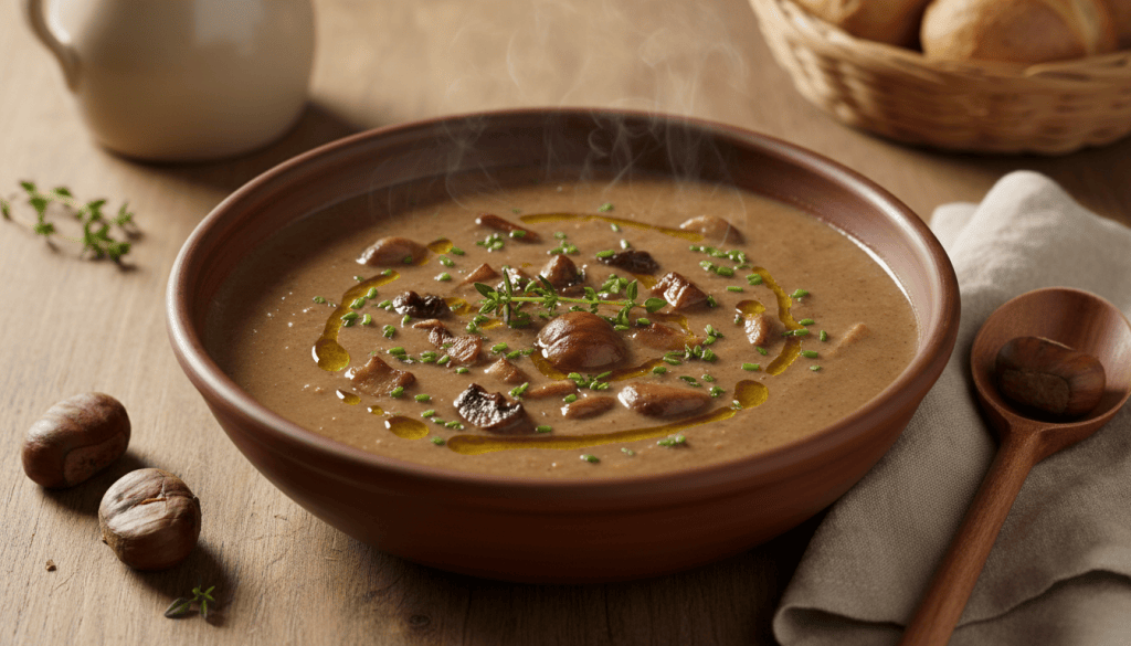 Cuenco de crema de setas y castañas sin nata, decorada con setas salteadas y castañas, sobre mesa de cocina