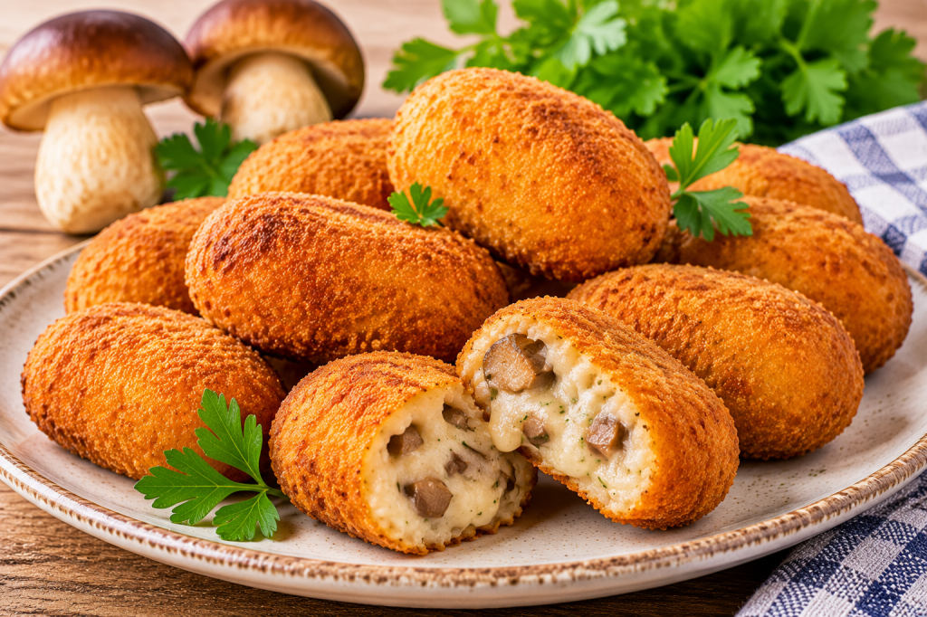 Croquetas de boletus doradas y crujientes con interior de bechamel cremosa y trocitos de boletus, una abierta en un plato