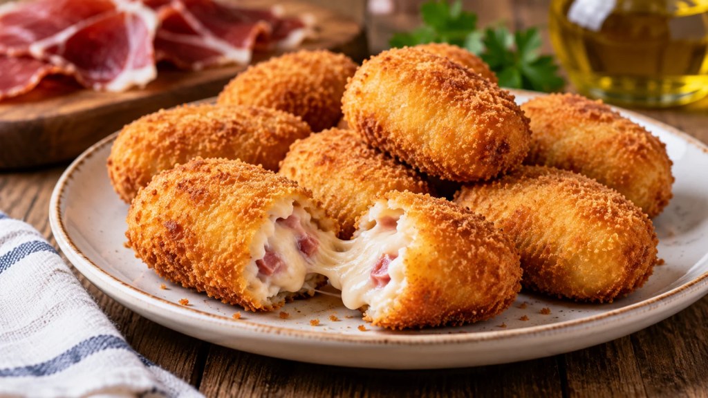Croquetas de jamón doradas y crujientes, una abierta mostrando el relleno cremoso de bechamel y jamón