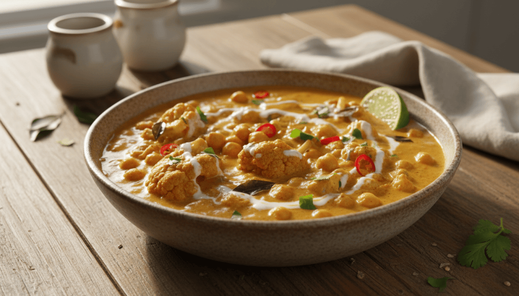 Curry de coliflor y garbanzos con leche de coco servido en un cuenco, con salsa especiada y cilantro fresco