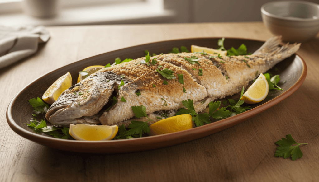 Dorada a la sal al horno, con costra de sal abierta, limón y perejil, presentada en una fuente