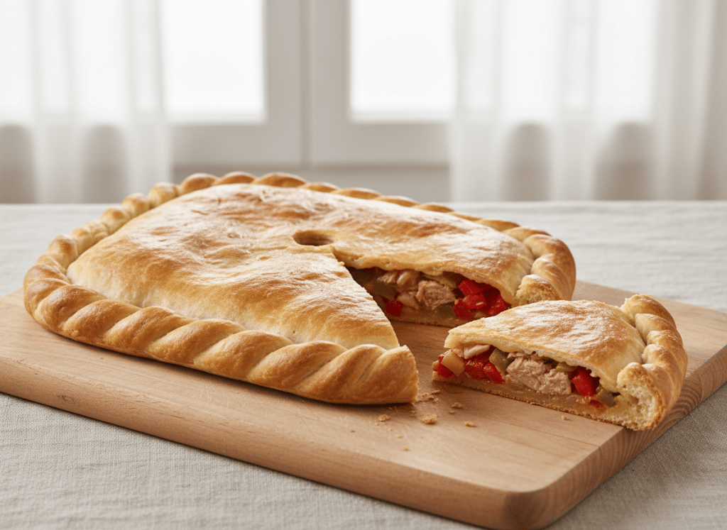Empanada gallega de atún entera, dorada, con una porción cortada que muestra el relleno de atún y pimientos.