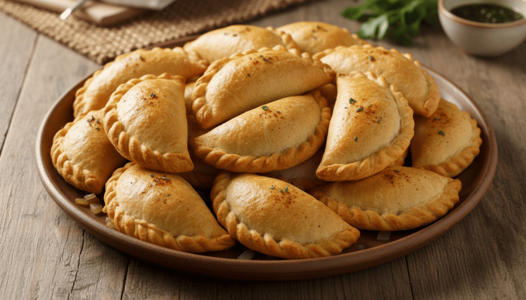 Fuente de empanadillas argentinas de carne al horno doradas, con bordes repulgados