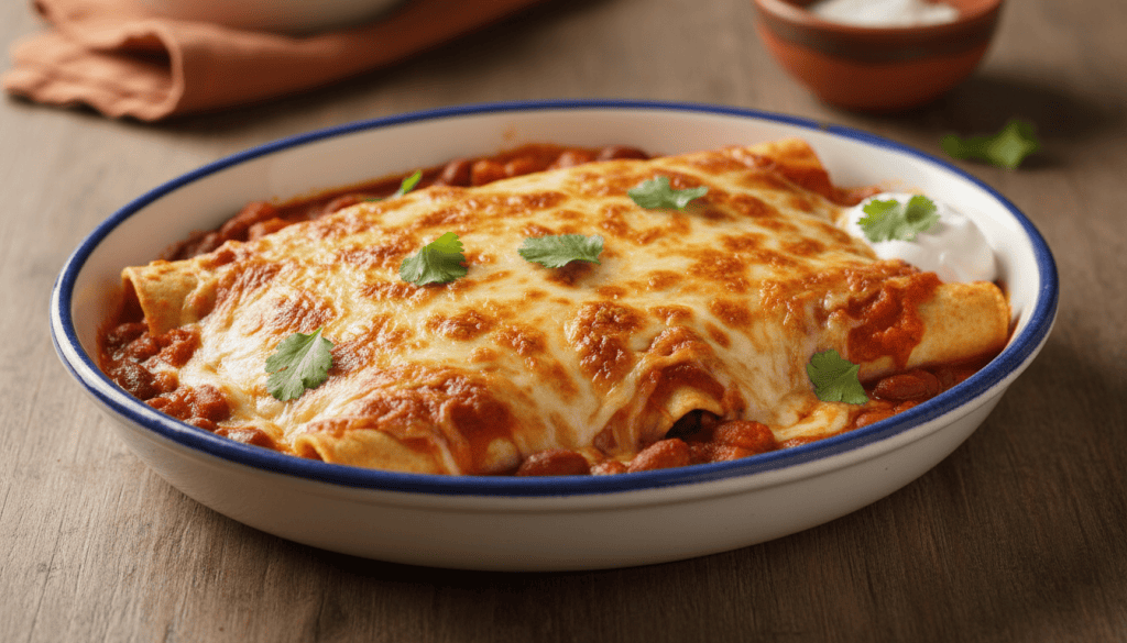 Fuente de enchiladas de pollo y alubias rojas cubiertas de salsa de tomate y queso gratinado