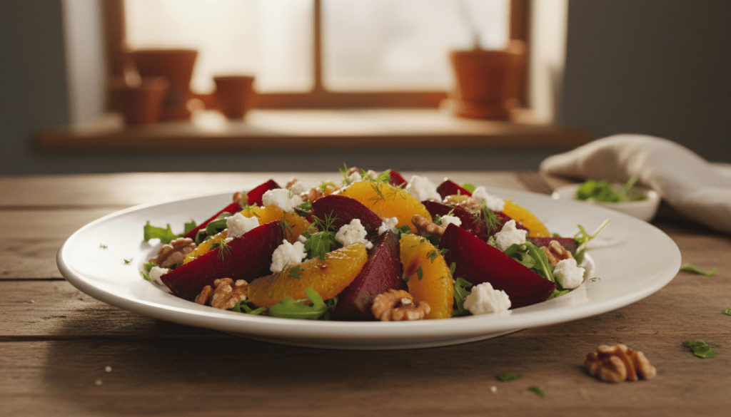 Ensalada de remolacha asada con gajos de naranja, nueces, rúcula y queso de cabra en una fuente