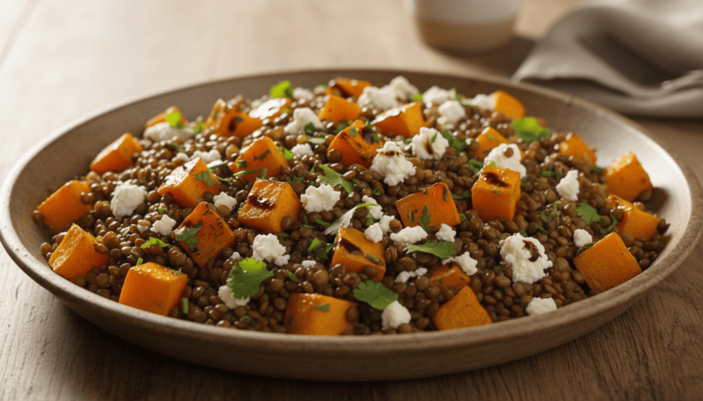 Fuente de ensalada templada de lentejas con dados de calabaza asada, espinacas tiernas, queso feta y nueces