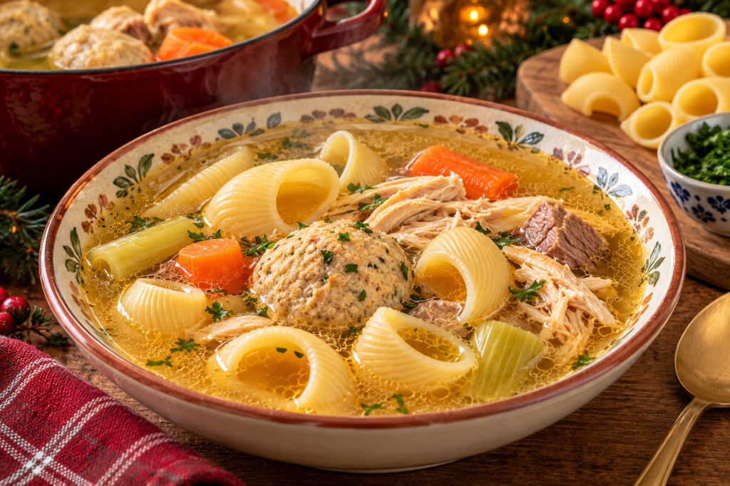 Sopa tradicional catalana de Navidad con galets grandes, pilota, caldo dorado, verduras y carnes