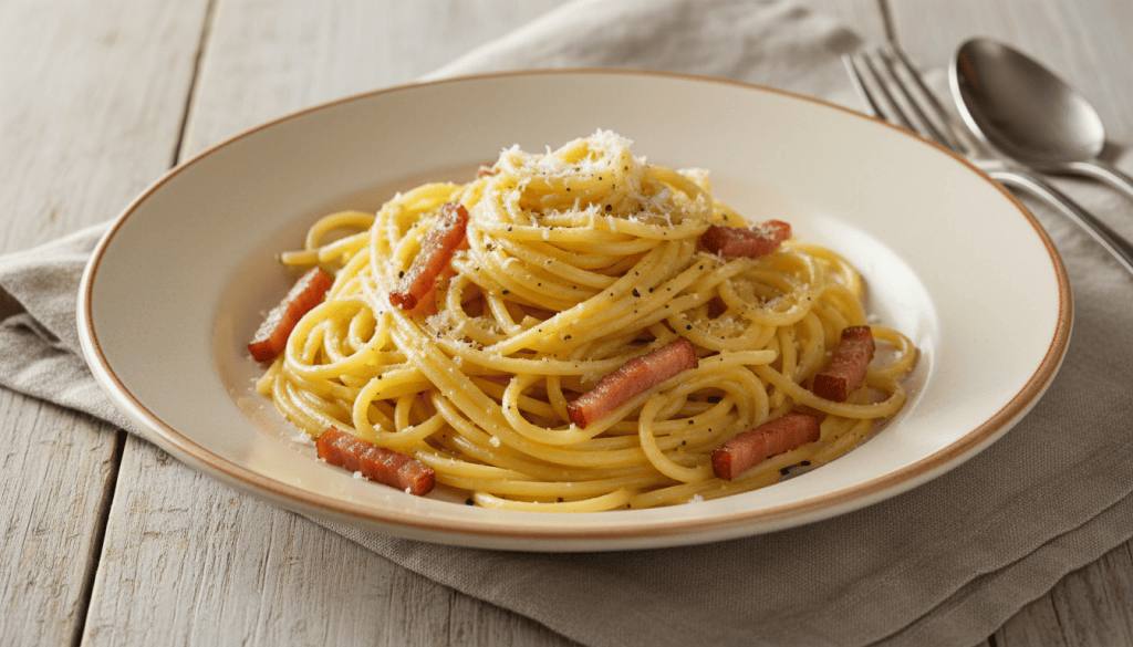 Plato completo de espaguetis a la carbonara con guanciale dorado, pecorino y pimienta negra, visto en perspectiva de tres cuartos.