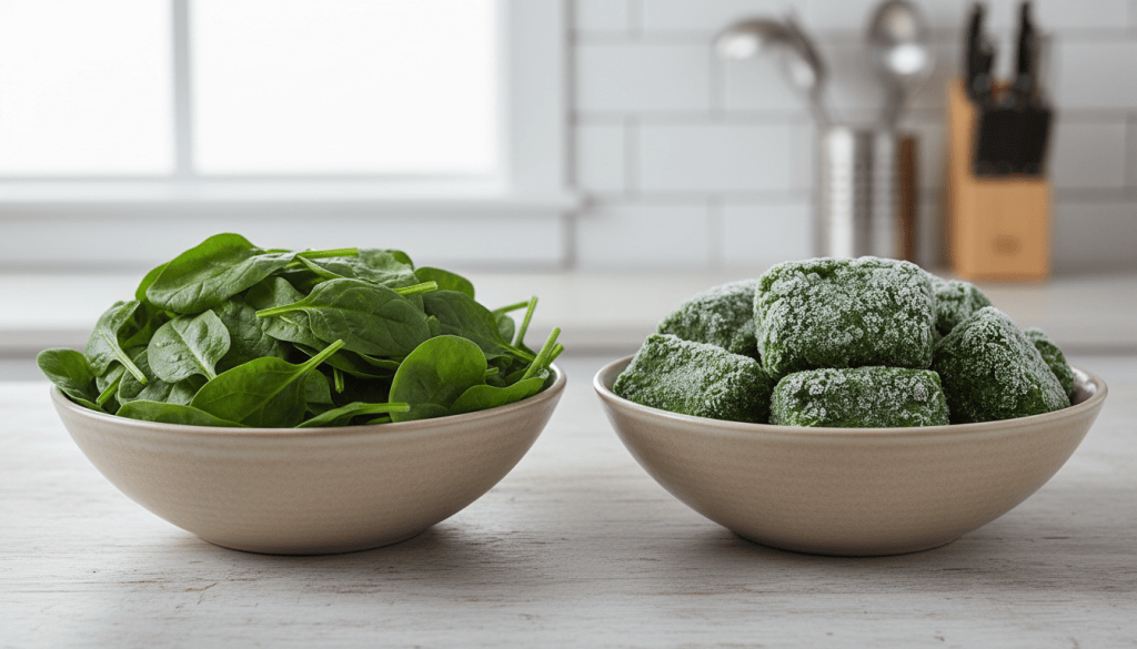 Dos cuencos comparan hojas verdes de espinacas frescas con porciones de espinacas congeladas sobre una mesa de cocina.