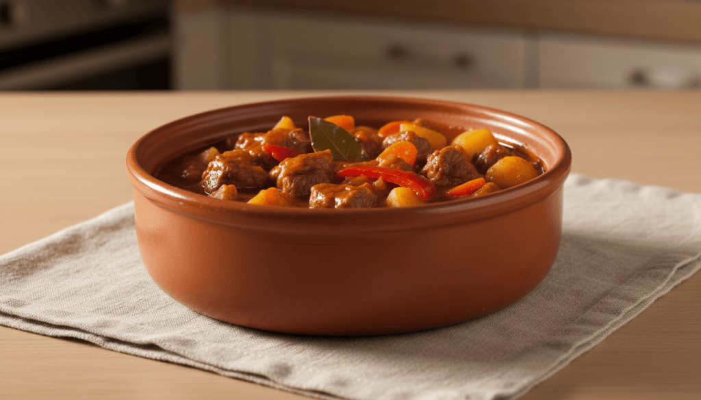 Cazuela completa de estofado de ternera con patatas y zanahorias, vista en tres cuartos sobre una mesa de madera.