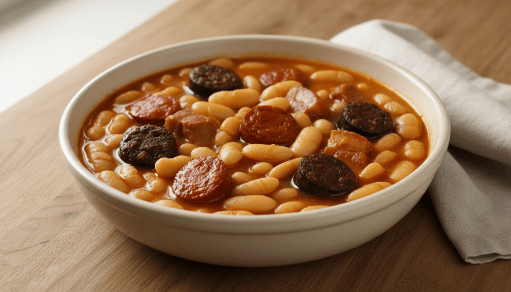 Plato completo de fabada asturiana con fabes, chorizo, morcilla, lacón y panceta