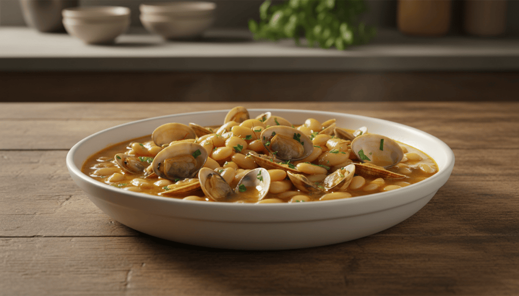 Plato de fabes con almejas a la asturiana en salsa marinera con perejil
