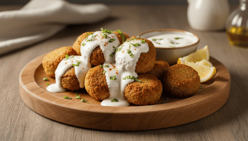Plato de falafel de garbanzos dorados y crujientes con salsa de yogur y tahini, servido sobre una mesa de cocina