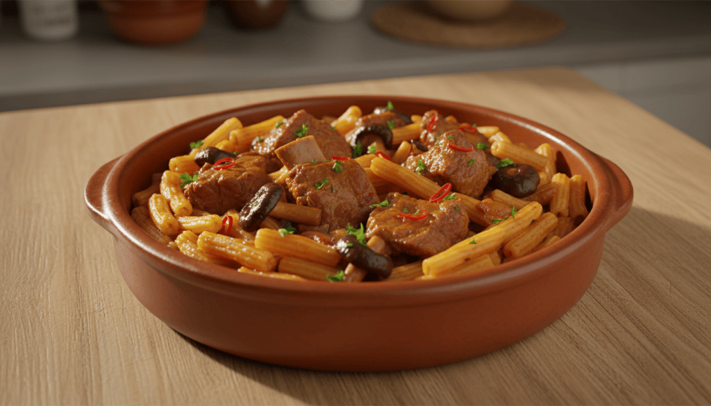 Cazuela de fideos melosos con costilla de cerdo y setas, servida en una mesa de cocina