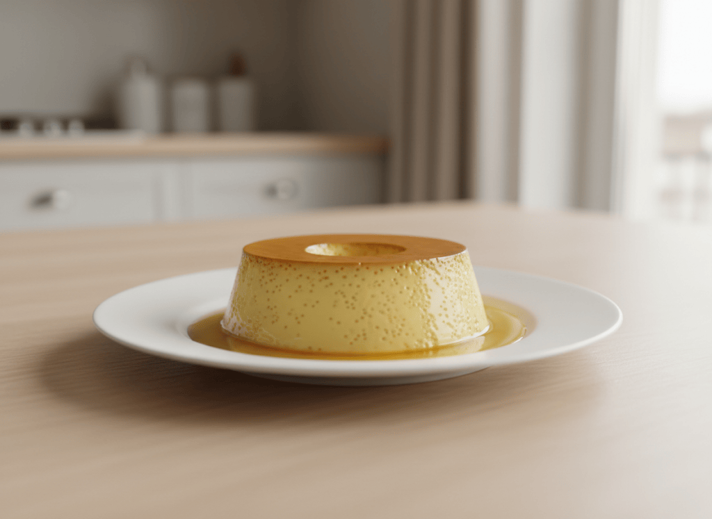 Flan de huevo casero desmoldado con caramelo dorado sobre un plato blanco, visto completo.