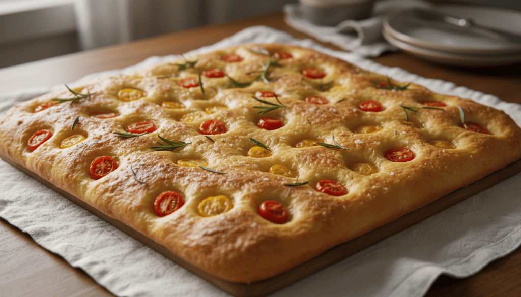 Focaccia casera dorada con tomates cherry y ramitas de romero, sobre una fuente centrada