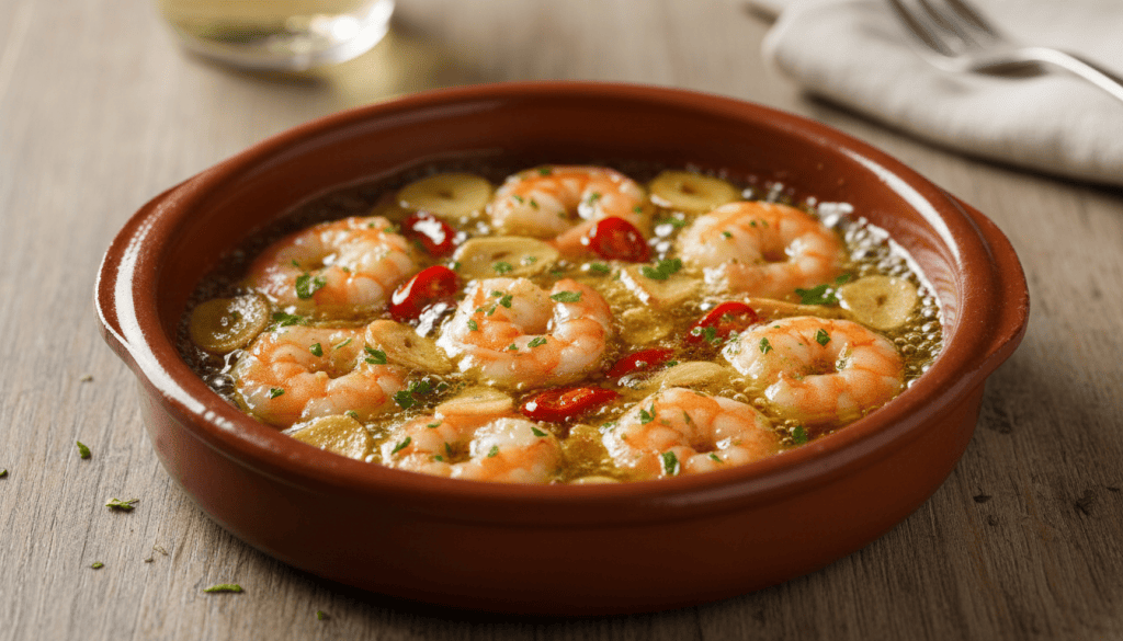 Gambas al ajillo tradicionales en una cazuela con láminas de ajo, aceite de oliva y guindilla