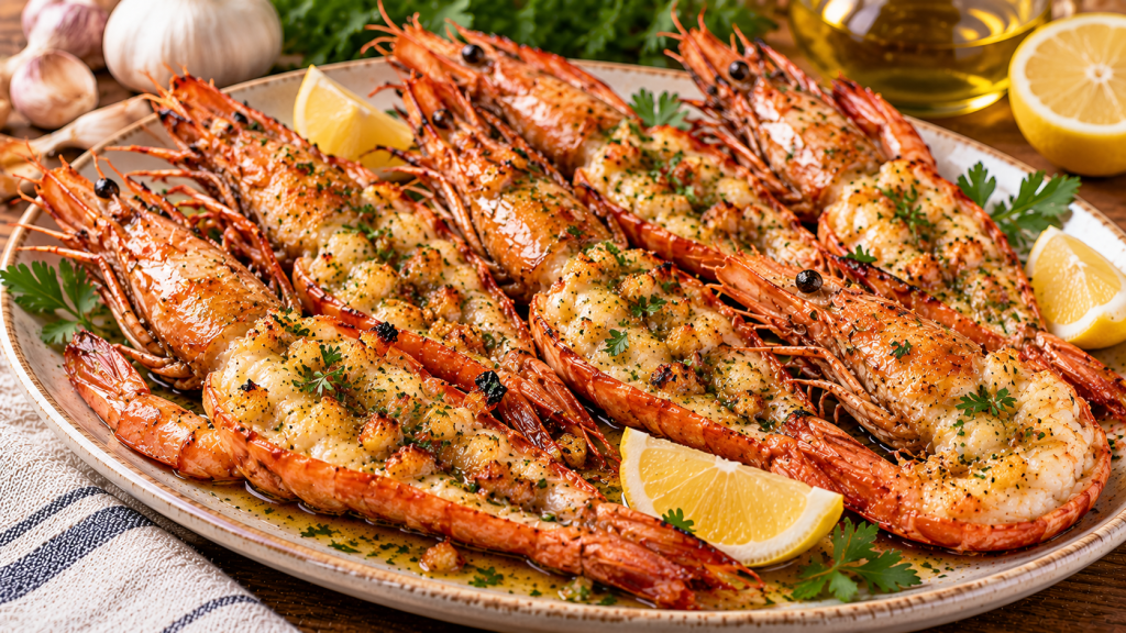 Gambones grandes abiertos por la mitad y horneados con ajo picado, perejil y aceite de oliva, acompañados de limón