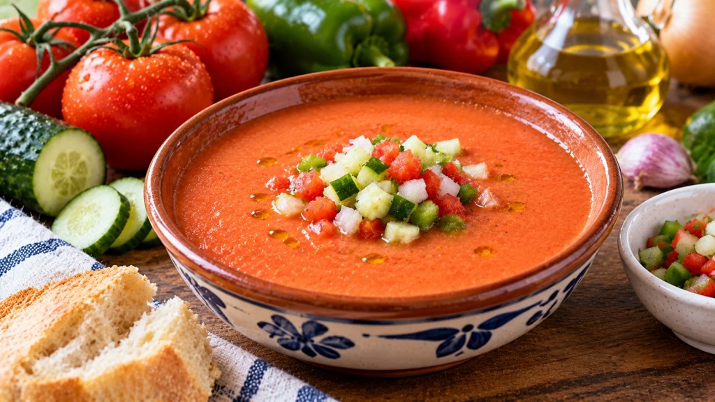 Gazpacho andaluz rojo servido frío en cuenco de cerámica, con picadillo de tomate, pepino y pimiento y unas gotas de aceite de oliva