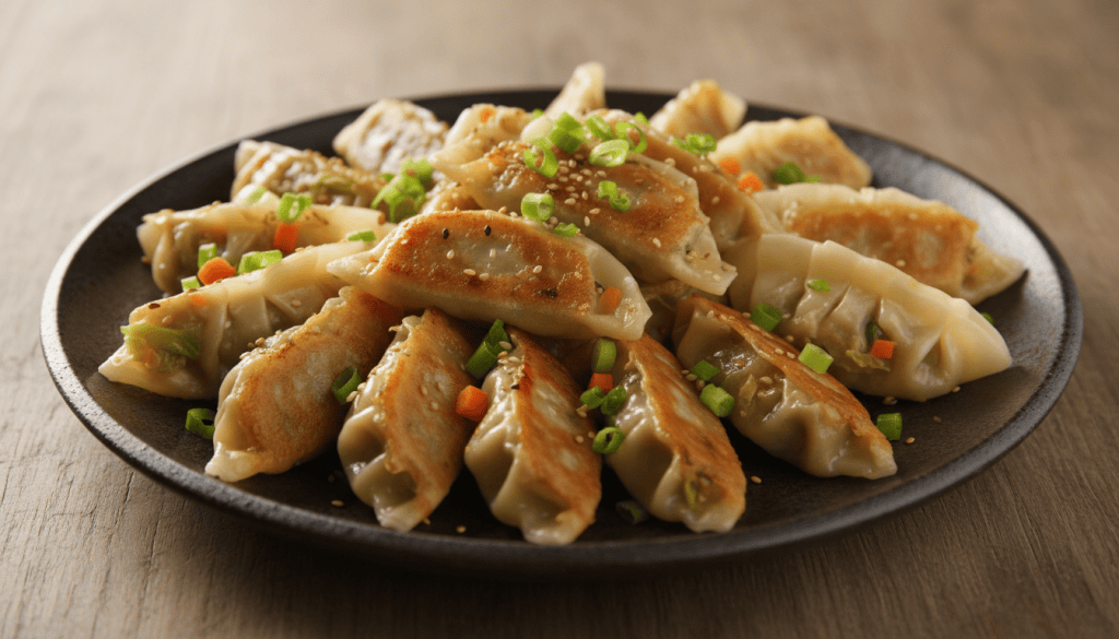 Plato de gyozas japonesas de pollo y verduras con base dorada y salsa para mojar, sobre una mesa de cocina
