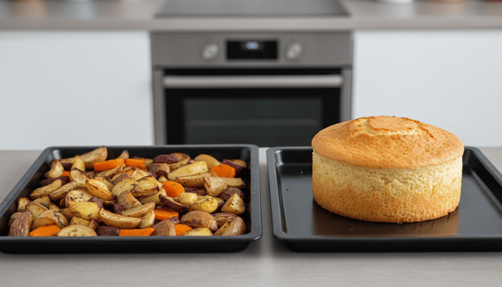 Dos bandejas junto a un horno: verduras y patatas asadas doradas junto a un bizcocho alto y esponjoso, para comparar los modos de cocción.
