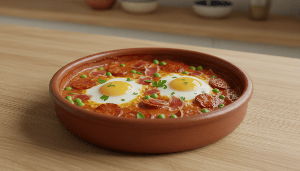 Cazuela de huevos a la flamenca sevillanos con tomate, guisantes, jamón y chorizo