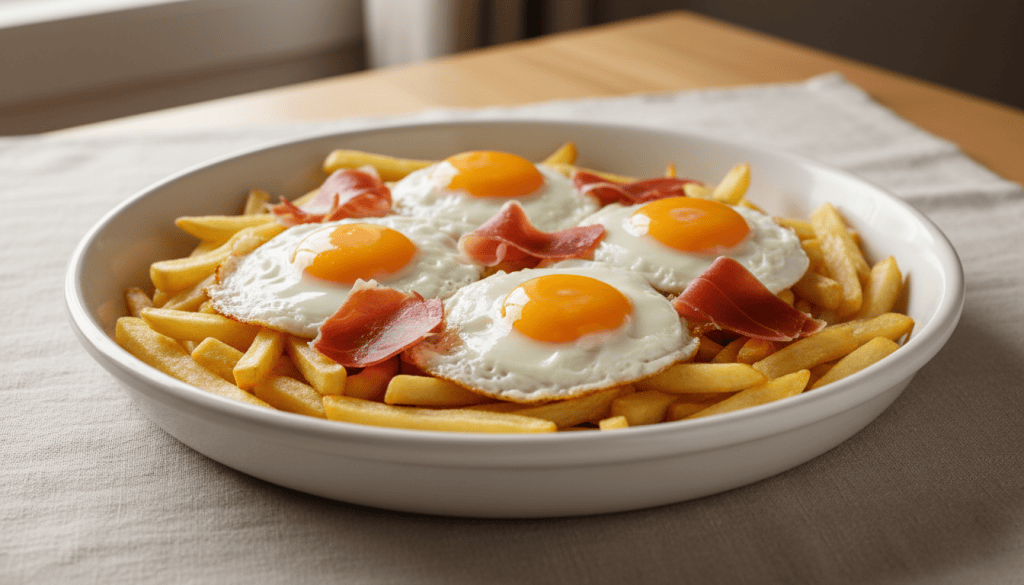 Fuente completa de huevos rotos con jamón serrano y patatas fritas caseras, fotografiada en perspectiva lateral de tres cuartos.