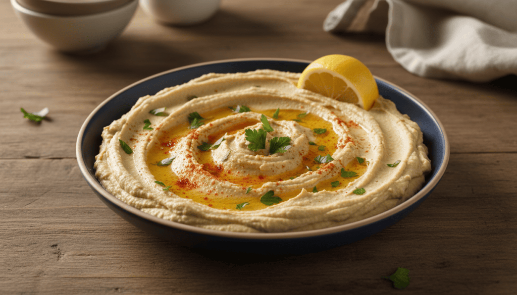 Plato centrado de hummus cremoso de garbanzos con aceite de oliva, pimentón y perejil