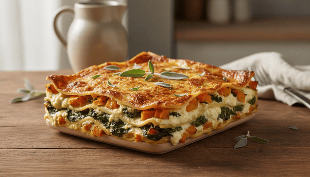 Fuente de lasaña de calabaza asada, espinacas y ricotta, con queso gratinado dorado.