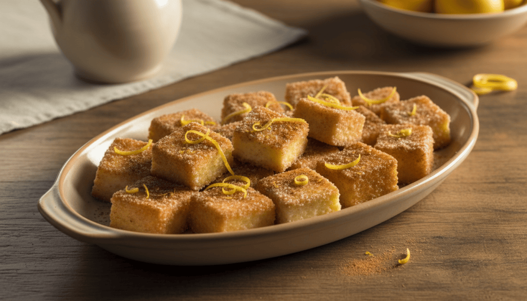Porciones doradas de leche frita tradicional con azúcar y canela en un plato, sobre una mesa de cocina