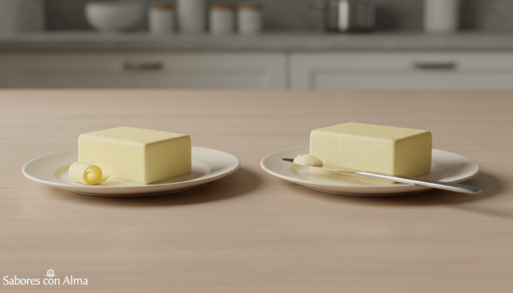 Bloques de mantequilla y margarina en dos platos completos sobre una mesa de cocina, fotografiados en perspectiva de tres cuartos.