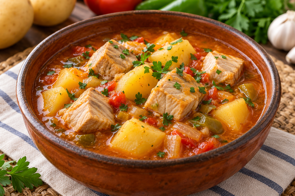 Marmitako de bonito con patatas en cazuela de barro, sin texto ni firma