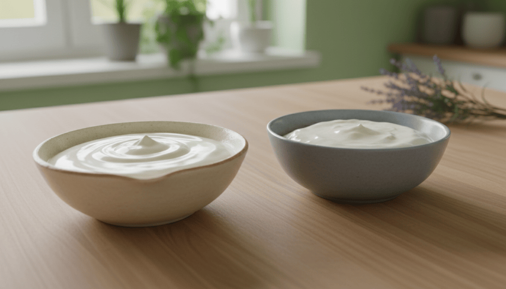 Dos cuencos completos con mascarpone y queso crema sobre una mesa, fotografiados en perspectiva de tres cuartos.