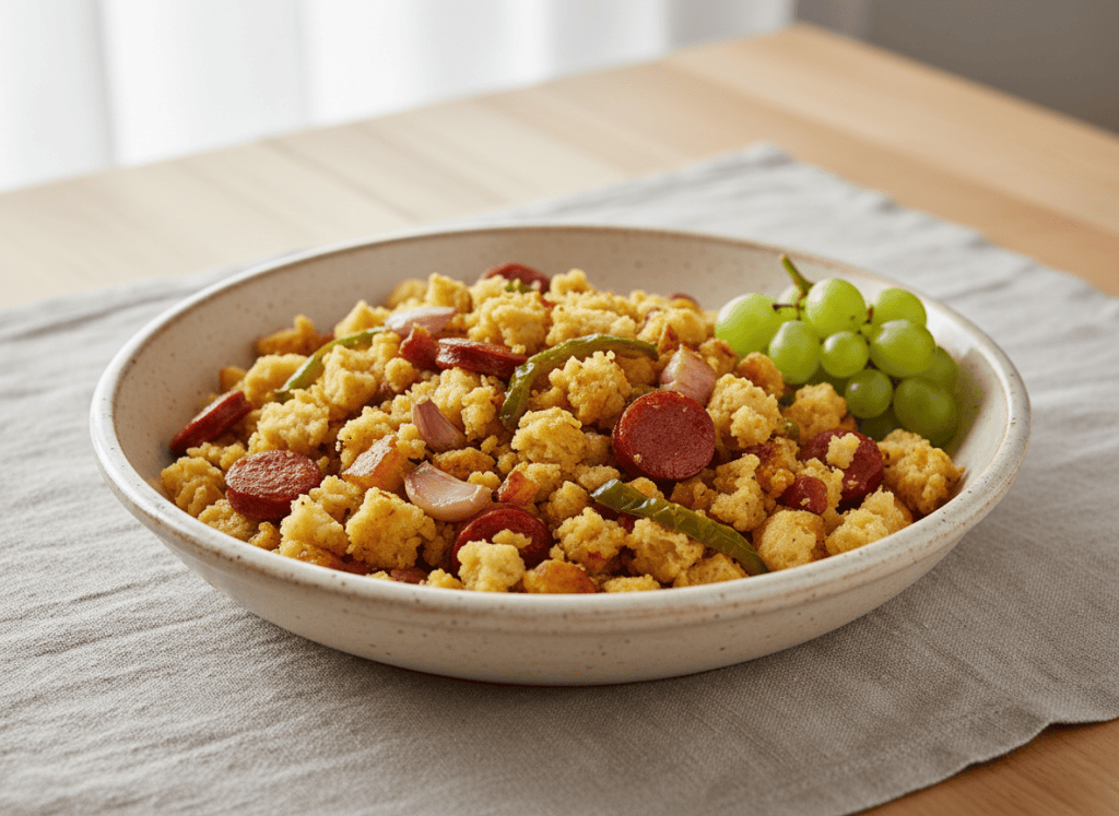 Plato completo de migas extremeñas doradas con chorizo, panceta, ajo y pimiento verde, acompañado de uvas.