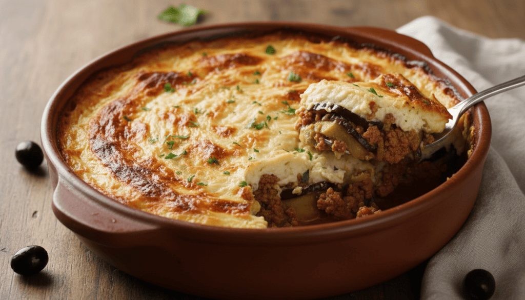 Musaka griega de berenjenas y carne con bechamel gratinada, presentada en una fuente de horno