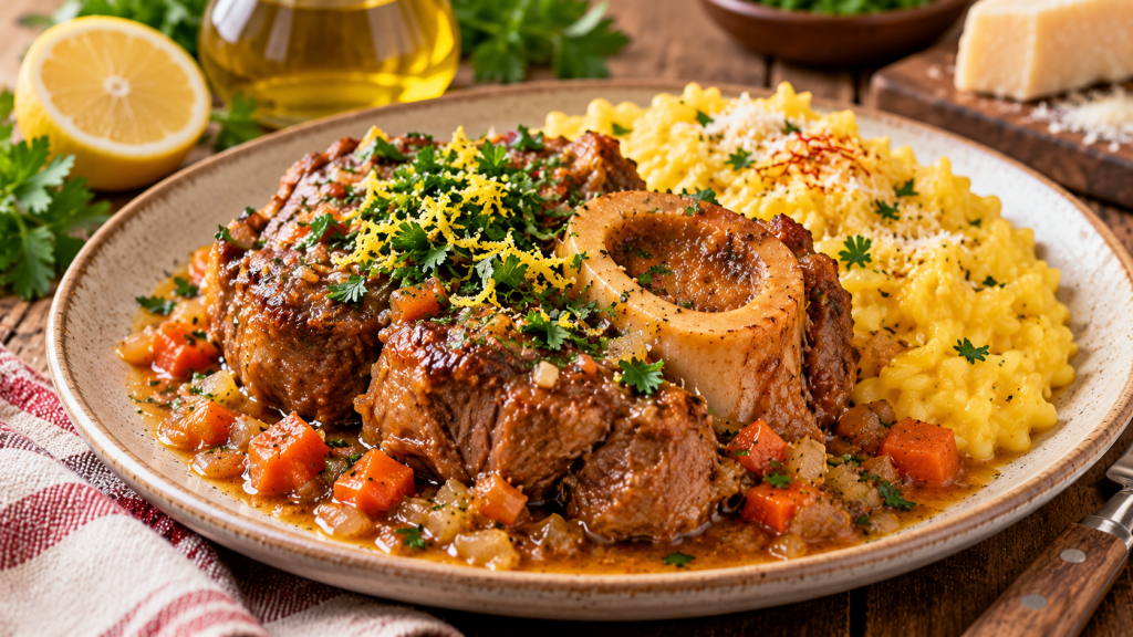Jarrete de ternera guisado con hueso y tuétano, salsa de verduras, gremolata de limón y perejil y risotto amarillo de azafrán